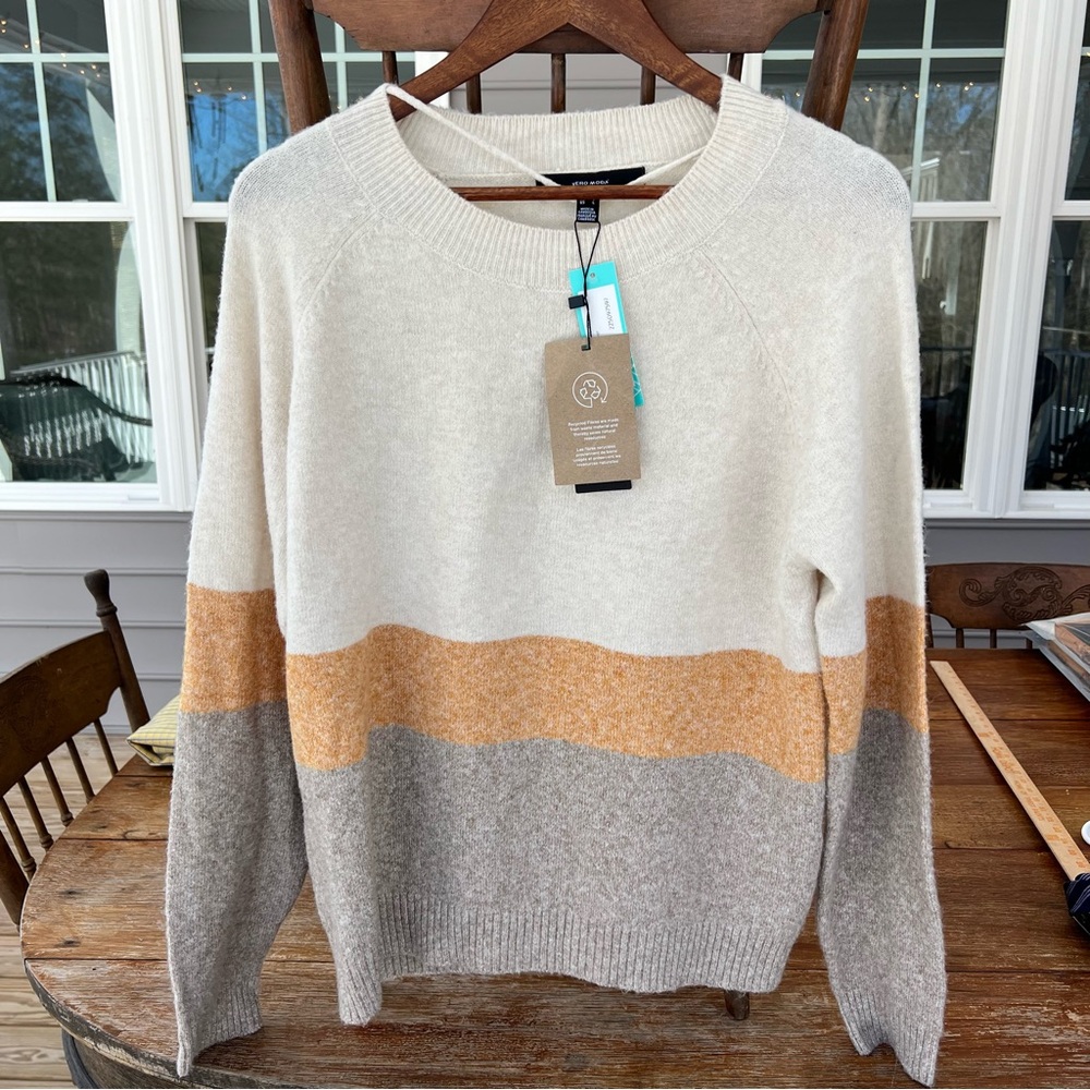 Vero Moda Stacie Crewneck Pullover Sweater Tan Orange Color Block Stitch Fix L